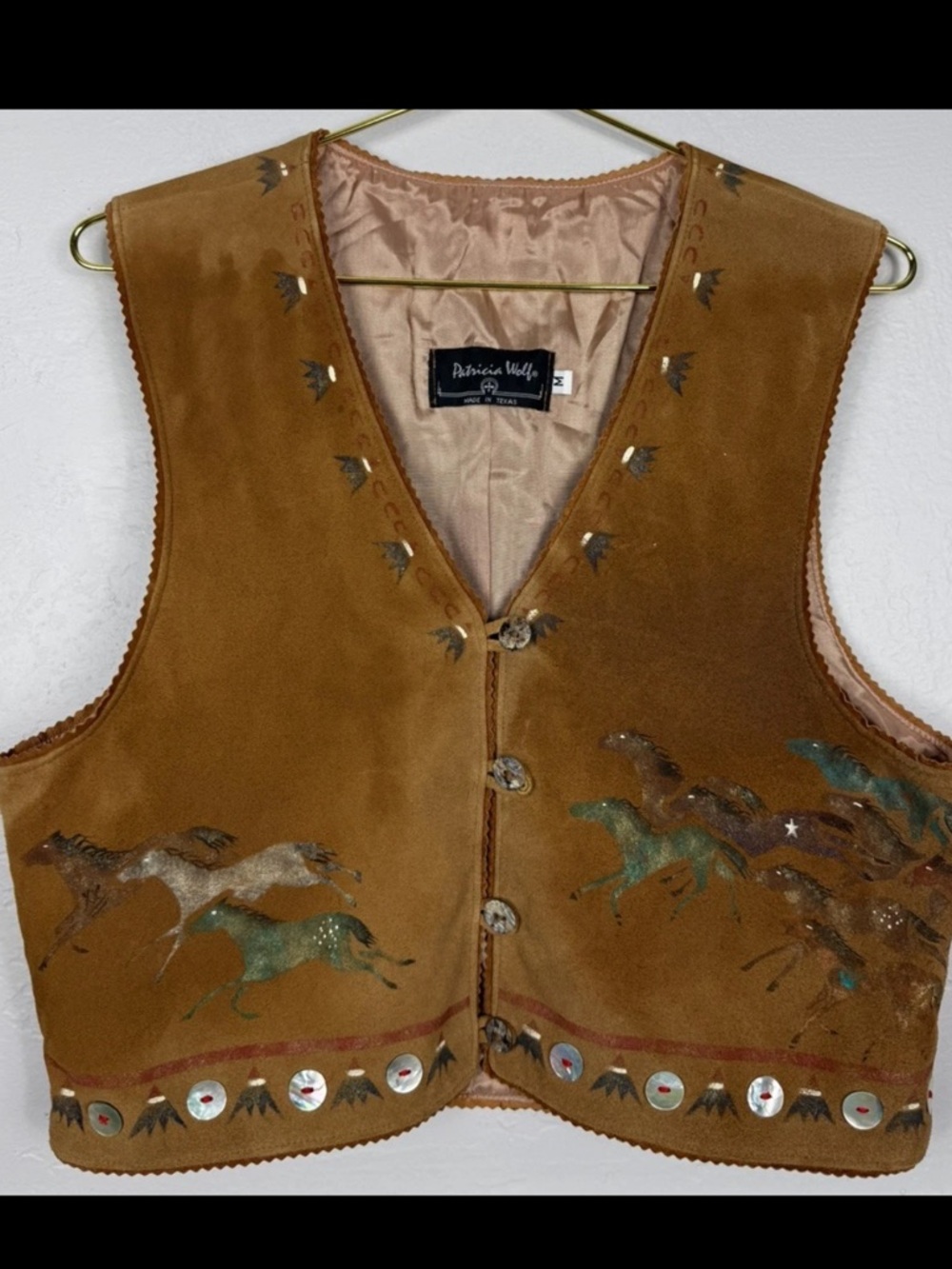 Patricia Wolf handmade Leather Horse Vest Hand Painted Horses Indian Ponies EUC